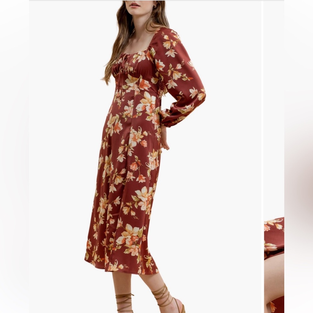 Blu Pepper Burgundy Multi Floral Long Sleeve Midi Dress with Side Slit M